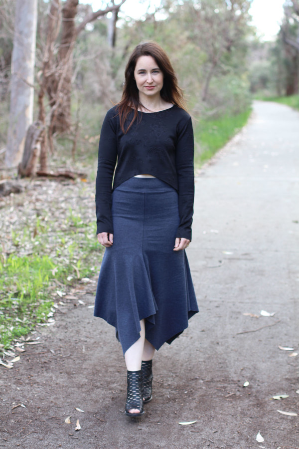 Megan Nielsen Axel skirt in grey ponte knit and Briar cropped tee in embossed scuba