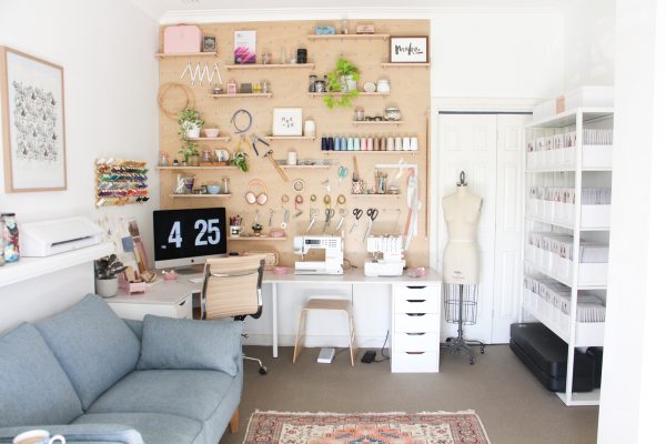 Megan Nielsen Workroom Tour 2025. Pegboard wall workspace for sewing