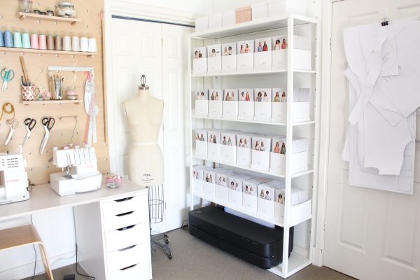Megan Nielsen Pattern storage shelving. Each pattern is stored in it's own box in alphabetical order.