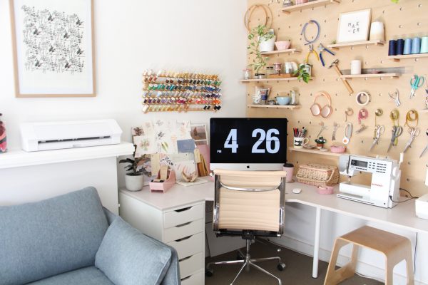 Megan Nielsen custom corner desk with pegboard wall for sewing tools