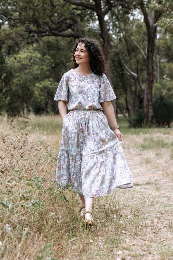 Tiered midi skirt and flutter sleeve top matching set by Megan Nielsen Patterns