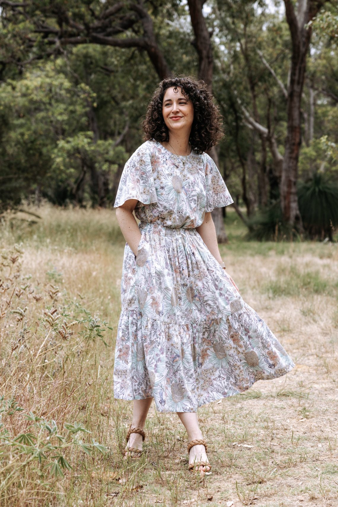 Megan Nielsen Protea matching set, made using the Protea capsule wardrobe sewing pattern and the Banksia & Myrtle fabric by The Scenic Route
