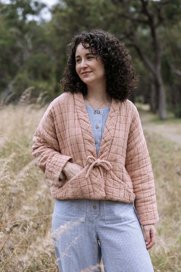 Megan Nielsen Hovea cropped jacket worn with striped Durban jumpsuit