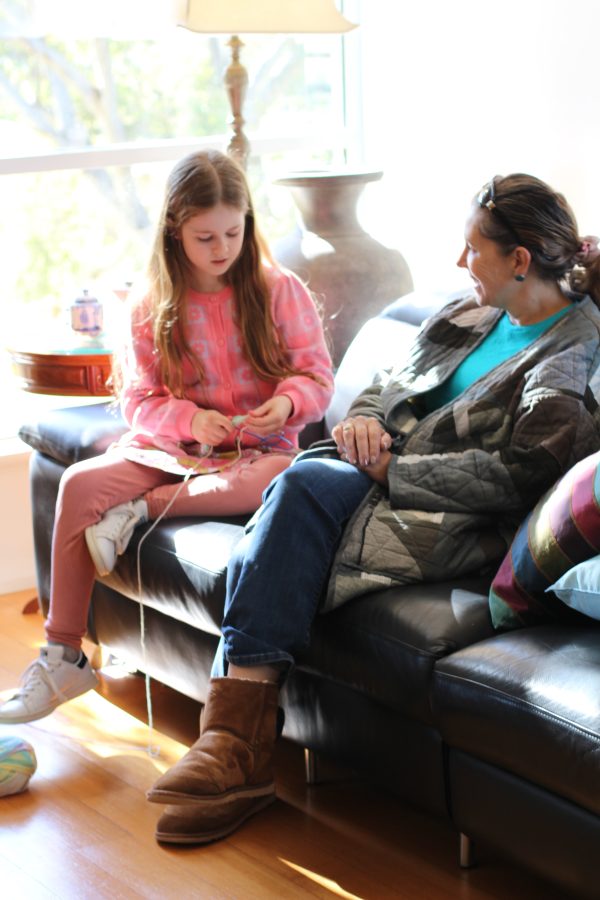 Ouma teaching Birdie to knit