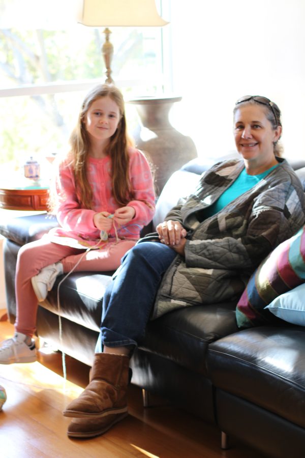 Ouma teaching Birdie to knit