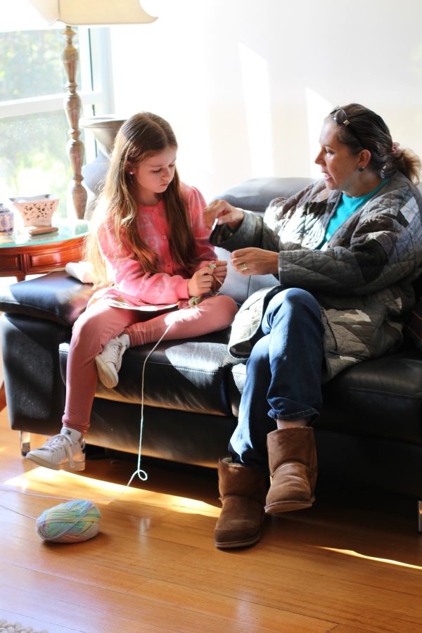 Ouma teaching Birdie to knit